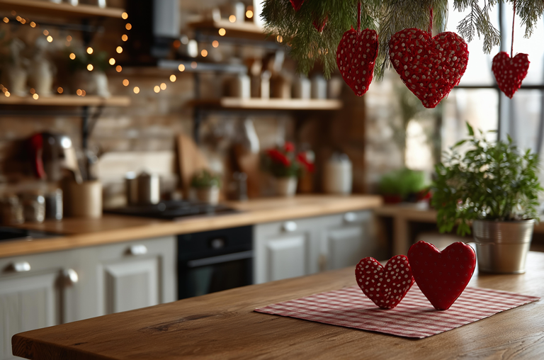 Abbildung einer Küche mit aufgehängten und abgestellten Valentinsherzen